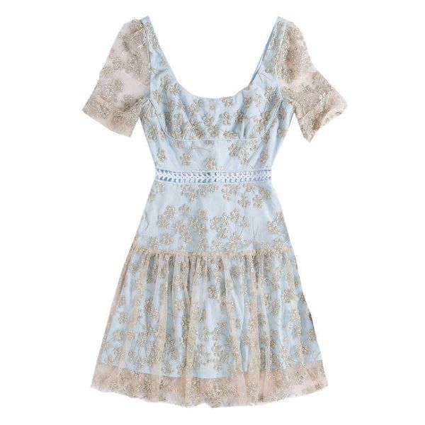 perhaps u women slash neck short sleeve puff sleeve a line mini dress summer beach female blue gold embroidery backless d1924 210529, Black;gray
